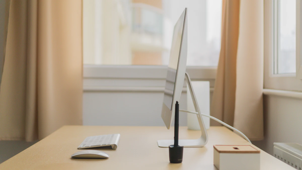 All-in-one desktop computer on a wooden office desk