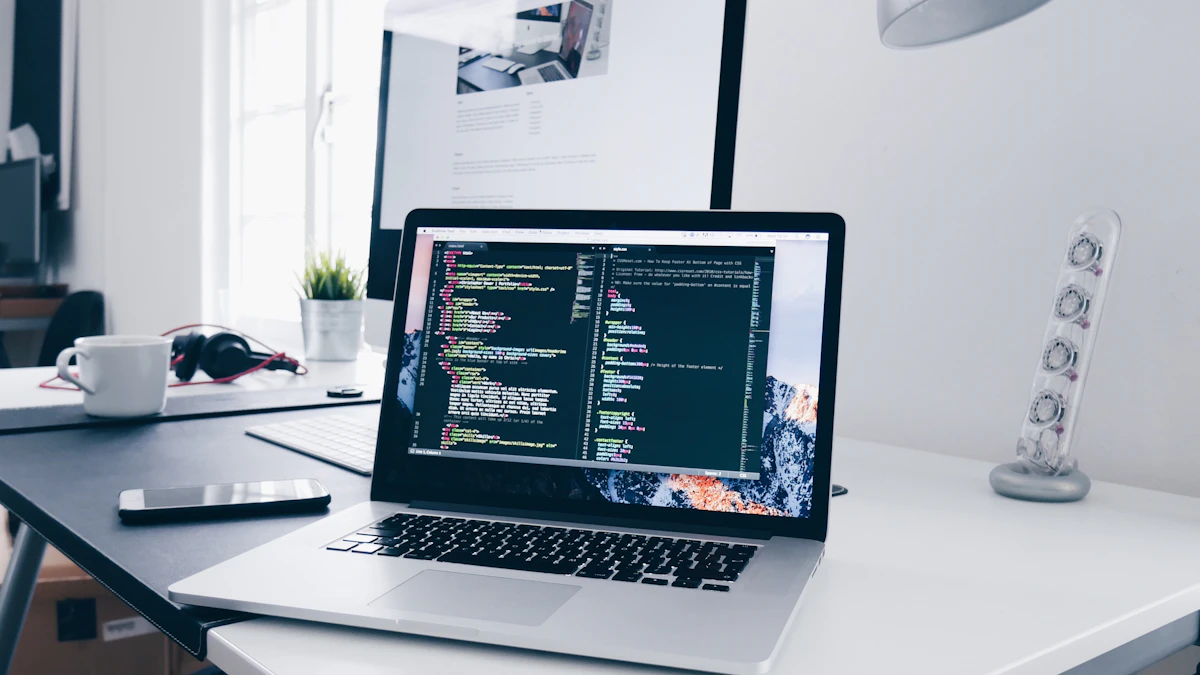 Business laptop open on a clean office desk