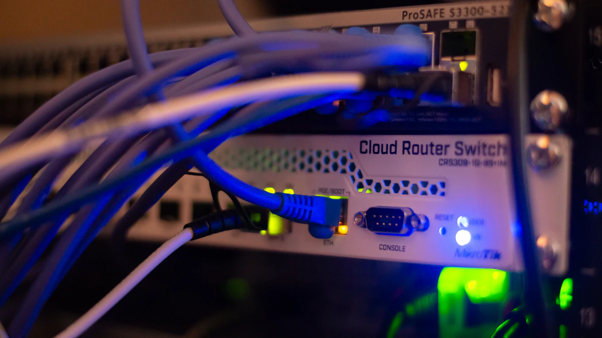 MikroTik cloud router switch with ethernet cables in a network rack