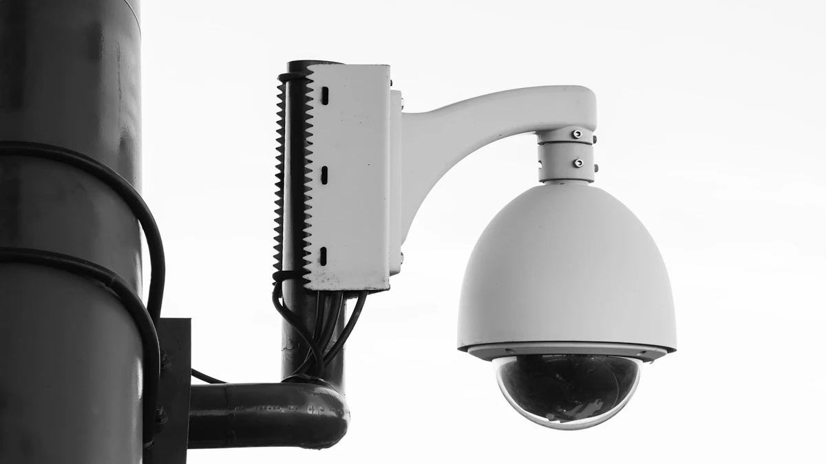 Outdoor security camera mounted on a commercial building
