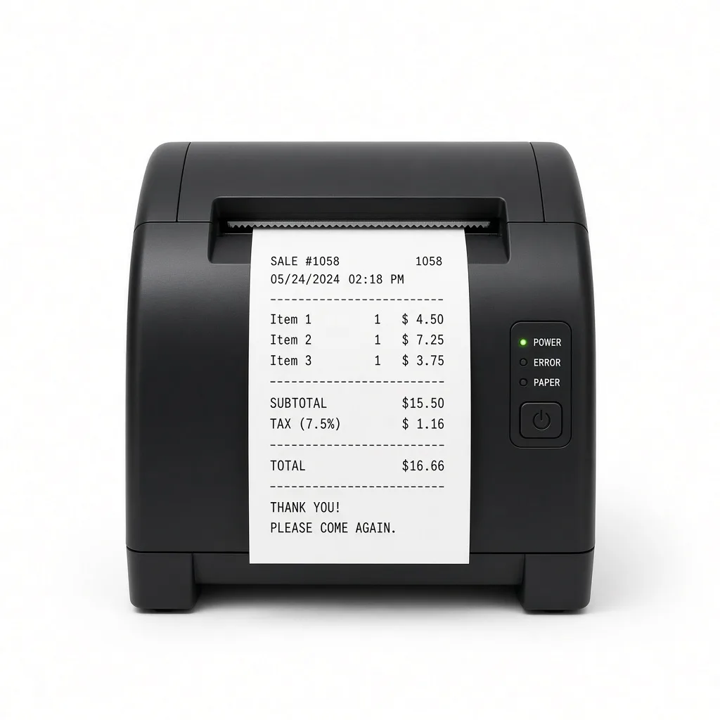 Receipt printer front with paper path and cutter