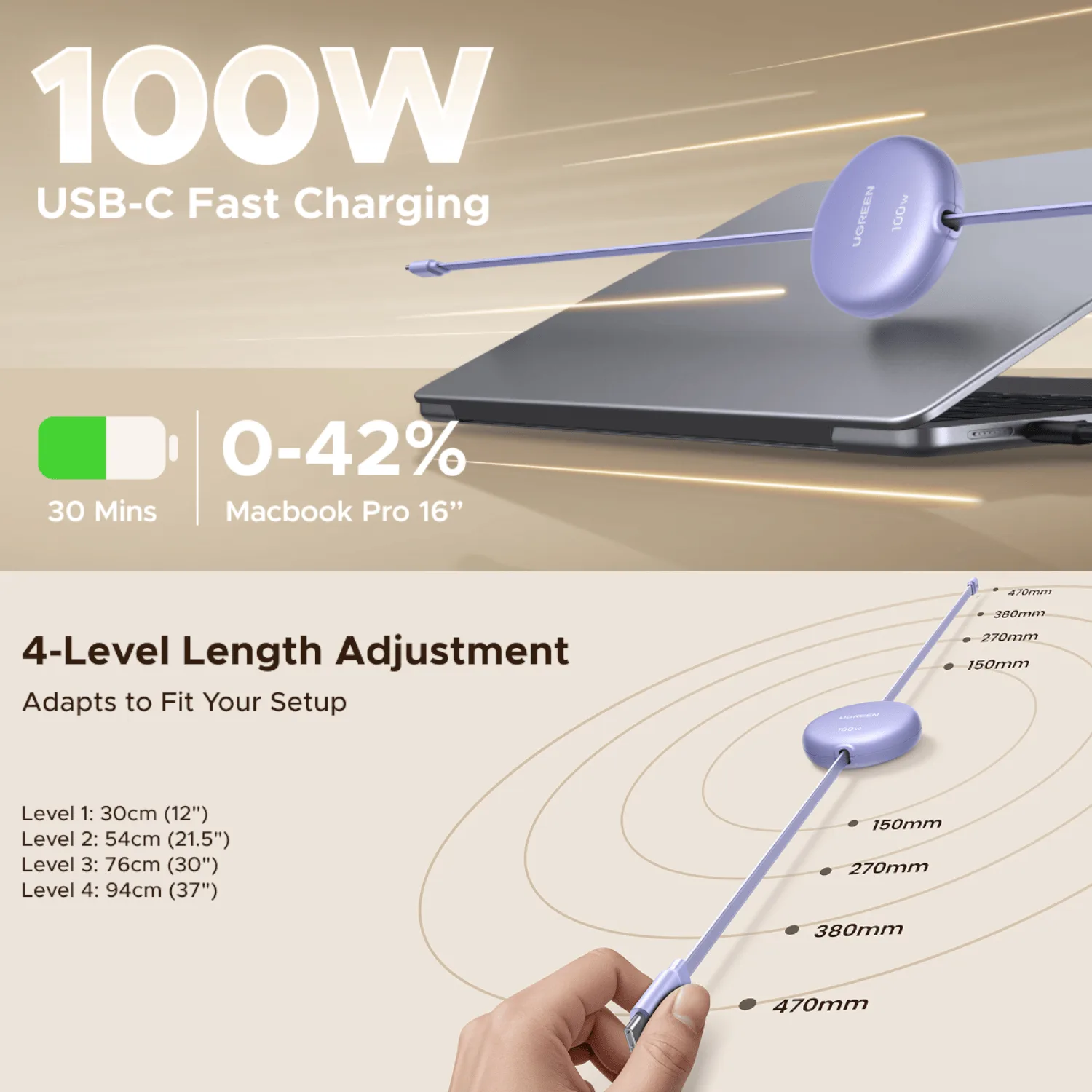 UGREEN 100W Fast Charging Retractable USB Type-C Cable 1M - Purple