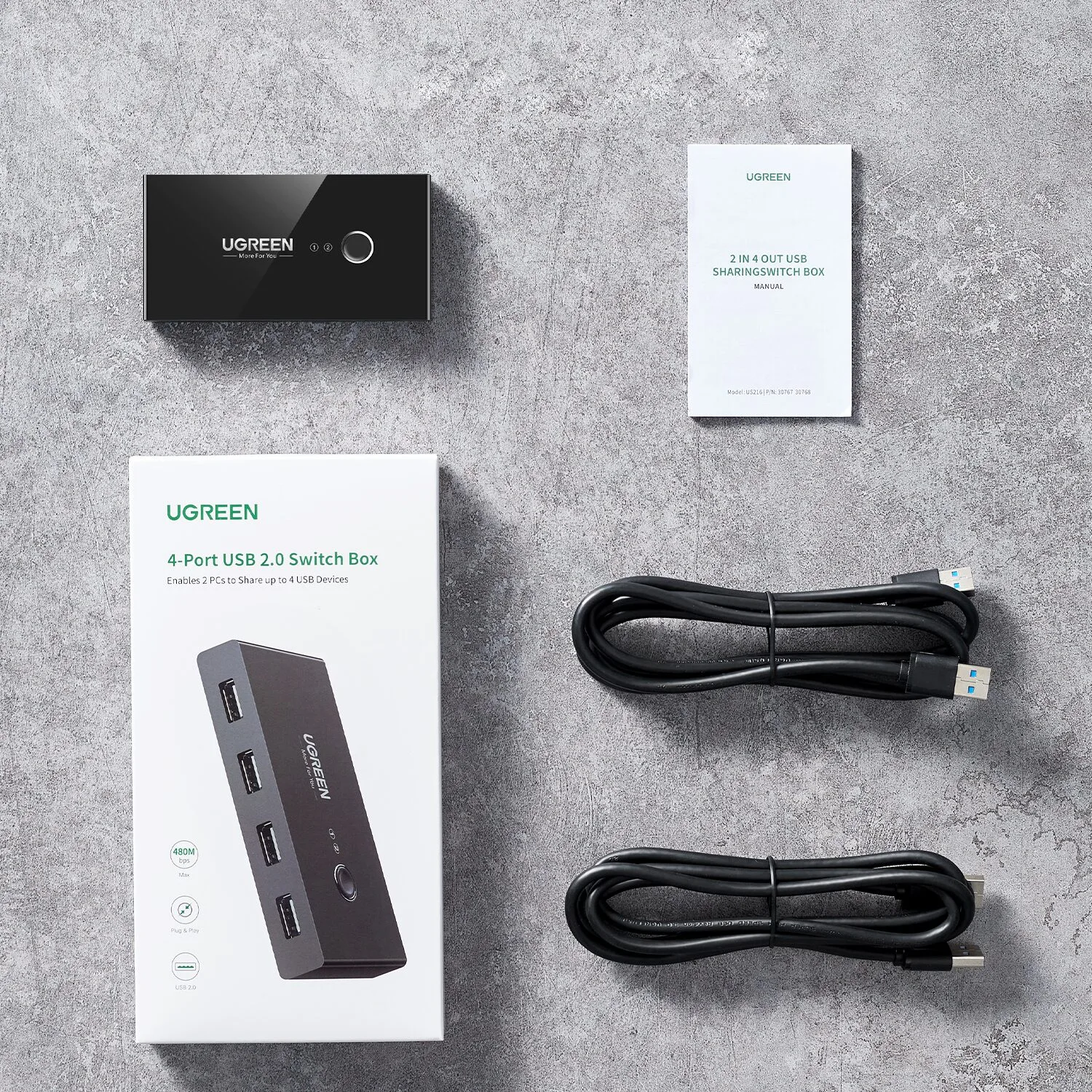 UGREEN USB 2.0 4-Port Switch Box, with 1.5m USB Cables